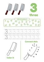 Many games on one page for kids education. Color page, connect dots, trace. Learning number 3 vector