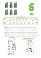 Many games on one page for kids education. Color page, connect dots, trace. Learning number 6 vector