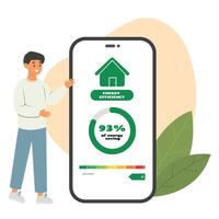 Man controls energy efficiency usage with mobile app. Energy rating class with pictogram with percentage of saving energy. Vector illustration.
