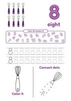 Many games on one page for kids education. Color page, connect dots, trace. Learning number 8 vector