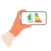 Hands hold phone with energy efficiency icon on screen. Energy consumption rating. Half house and Lightbulb label vector