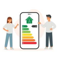 Man and woman monitoring energy efficiency usage with phone app. Energy rating class. Home icon. Vector illustration.