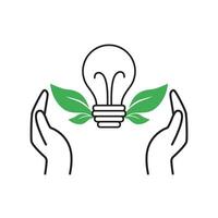 Hands hold lightbulb icon with green leaves outside the lightbulb. Save energy icon. Vector illustration