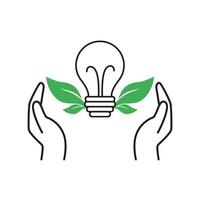 Hands hold lightbulb icon with green leaves outside the lightbulb. Save energy icon. Vector illustration