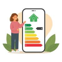 Woman controls energy efficiency with mobile app. Energy rating class and home icon on screen device. Eco friendly. Vector illustration.