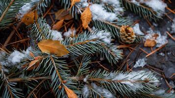 AI generated aesthetic nature winter background composition with fir twig, pinecone, snowflake. and dry leave covered in frost. photo