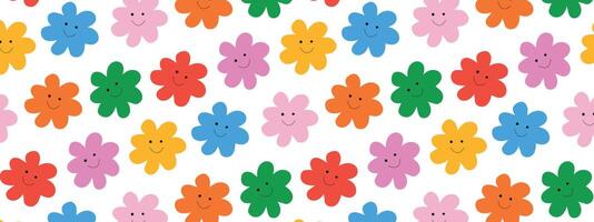 Colorful rainbow cute flowers, pattern with funny smiling face. Birthday, festive background texture, party design. vector