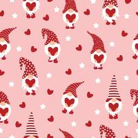 Seamless pattern with cute gnomes and hearts. vector