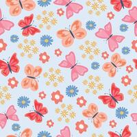 Cute butterflies with flowers. Seamless spring and summer pattern. vector