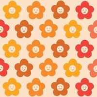 Funny daisy with happy eyes and smile. Floral pattern in trendy trippy retro style. Vector illustration yellow tones. 60s and 70s hippie style