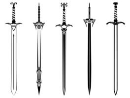 Sword outline SET. Ancient Longsword. Saber. Blade Tattoo. vector