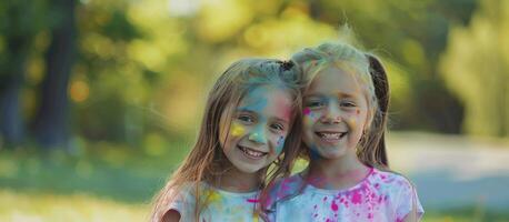 ai generado transcultural alegría, linda europeo niño muchachas celebrando el indio holi festival, cubierto en vistoso pintar polvo en caras y cuerpos. foto