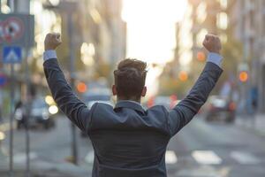 AI generated Back view of businessman standing open arms in the city street photo