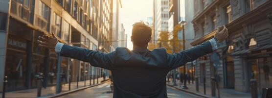 AI generated Back view of businessman standing open arms in the city street photo