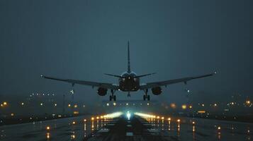 ai generado el avión es aterrizaje a el aeropuerto a noche foto