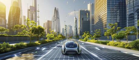 AI generated City of Tomorrow. Futuristic Scene Featuring Advanced Technology with Delivery Robots Navigating Streets Lined with Buildings Networked with Solar Photovoltaic Panels. photo