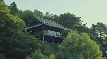 ai generado un japonés sacerdotes casa en el colina foto