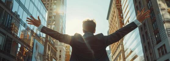 AI generated Back view of businessman standing open arms in the city street photo