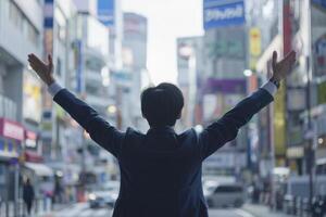 AI generated Back view of businessman standing open arms in the city street photo