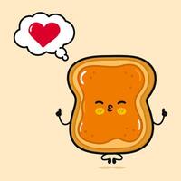 Toast piece of bread with peanut butter doing yoga. Vector hand drawn cartoon kawaii character icon. Isolated on brown background. Toast piece of bread with peanut butter in love character concept