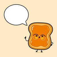 Toast piece of bread with peanut butter with speech bubble. Vector hand drawn cartoon kawaii character illustration icon. Isolated on brown background. Toast piece of bread peanut butter concept