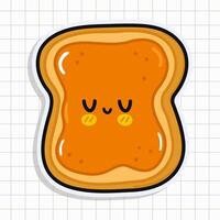 Cute funny Toast piece of bread with peanut butter sticker. Vector hand drawn cartoon kawaii character illustration icon. Isolated background Toast piece of bread with peanut butter character concept