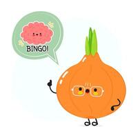 Onion with speech bubble and brain character. Vector hand drawn cartoon kawaii character illustration. Isolated white background. Onion poster and brain