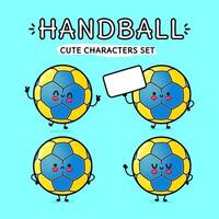 Happy Handball characters bundle set. Vector hand drawn doodle style cartoon character illustration icon design. Isolated on blue background. Handball ball mascot character collection