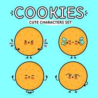 Funny cute happy cookies characters bundle set. Vector hand drawn doodle style cartoon character. Isolated on blue background. Cookies character collection