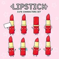 Happy Red lipstick characters bundle set. Vector hand drawn doodle style cartoon character illustration icon design. Isolated on pink background. Red lipstick mascot character collection