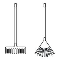 Garden rake outline icon. Straight and rounded rake simple line vector icon.