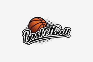 baloncesto logo con un combinación de un pelota, hermosa letras, trama de semitonos efecto y Clásico estilo. vector