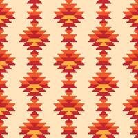 Seamless pattern in the style of Native Americans. It features red, orange, and yellow geometric shapes on a white background. The pattern repeats, and it could be used for fabric or wrapping paper . vector