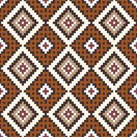 Tribal textile design This geometric pattern features interlocking diamonds and squares in shades of pink, yellow, and brown on a beige background vector