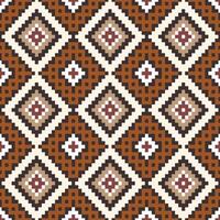 Tribal textile design This geometric pattern features interlocking diamonds and squares in shades of pink, yellow, and brown on a beige background vector