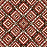 Seamless ethnic pattern resembling a textile design. The colorful geometric shapes, squares, triangles, and diamonds, are reminiscent of pixels and embroidery. The repeating pattern creates a vibrant. vector