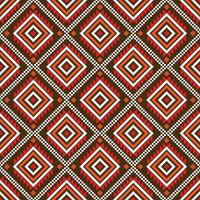 Seamless ethnic pattern resembling a textile design. The colorful geometric shapes, squares, triangles, and diamonds, are reminiscent of pixels and embroidery. The repeating pattern creates a vibrant. vector