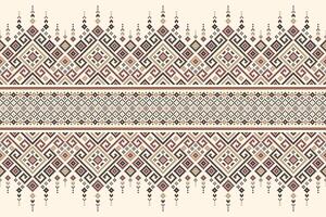 Ethnic pattern features interlocking diamonds and triangles in shades of red, yellow, and brown on a beige background. The seamless design creates a visually. vector