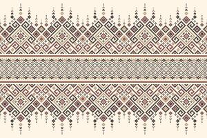 Ethnic pattern features interlocking diamonds and triangles in shades of red, yellow, and brown on a beige background. The seamless design creates a visually. vector