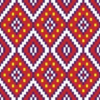 Indian native pattern in the style of embroidery. Seamless pattern features colorful geometric shapes, including squares, triangles, and diamonds, arranged in rows on a red background. vector