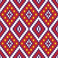 Indian native pattern in the style of embroidery. Seamless pattern features colorful geometric shapes, including squares, triangles, and diamonds, arranged in rows on a red background. vector