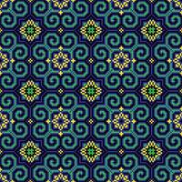 Cross stitch pattern featuring a seamless geometric pattern in shades of blue, green, and yellow. Design for embroidery, floral pattern, stitches, floral motif, textile art, tablecloth, pillowcase. vector