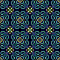 Cross stitch pattern featuring a seamless geometric pattern in shades of blue, green, and yellow. Design for embroidery, floral pattern, stitches, floral motif, textile art, tablecloth, pillowcase. vector