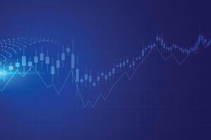 Gráfico de gráfico de palo de vela de negocios de comercio de inversión en bolsa sobre fondo azul. punto alcista, tendencia ascendente del gráfico. diseño de vectores de economía