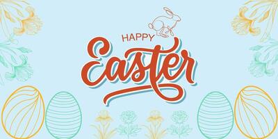 Happy Easter illustration featuring bunnies, eggs, and flowers in a modern style design with pastel colors vector