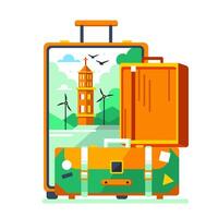 Vector composition with suitcase, landscape, lighthouse and wind generators in a cute cartoon style.