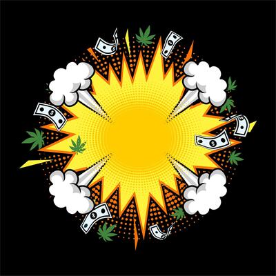 comic speech bubble. Cartoon explosion, lightning blast and fire flash with dollar and cannabis leaf. Design element for logo, poster, card, banner, emblem, t shirt. Vector illustration