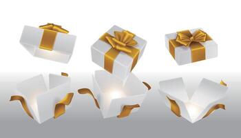 A set of opened white surprise boxes tied with gold ribbon vector
