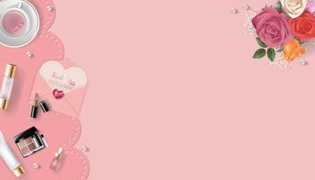 Pink background with cosmetics, bouquet of flowers, suitable for female themed cards, posters, sales vector