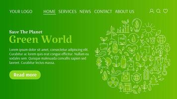 Ecology template for website, circle with line icons, text green world. Save the planet concept, ecology environment improvement, sustainability, recycle, renewable energy. For banner, landing page vector